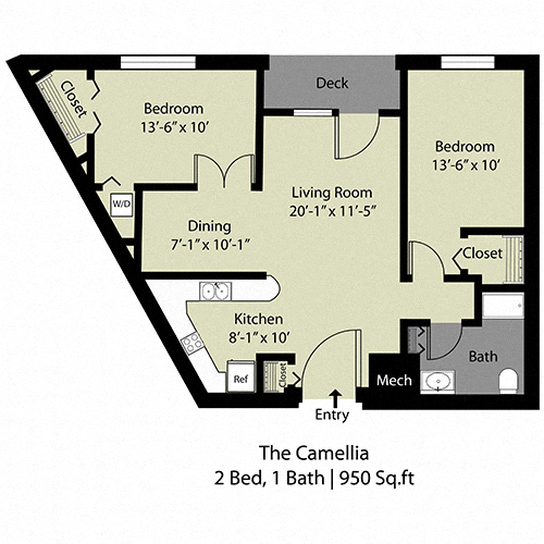 Floor plan for 2 beds, 1 bath, 950 sqft